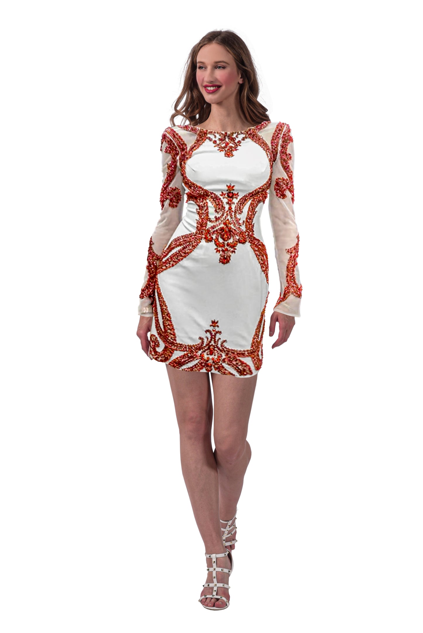 Robe courte de type moulante, à manches en tulle, brodée de strass. - Référence : 712