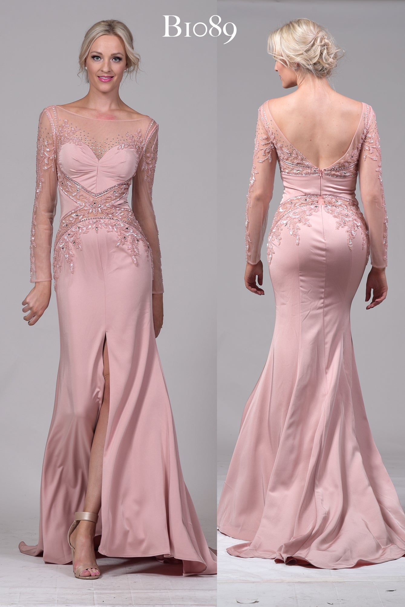 Robe longue en tissu satiné avec manches en tulle brodées - Référence : B1089