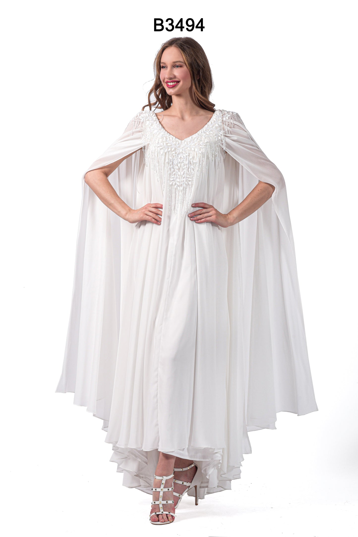 Robe Longue Triple Couche avec Cape et Strass - Référence : B3494