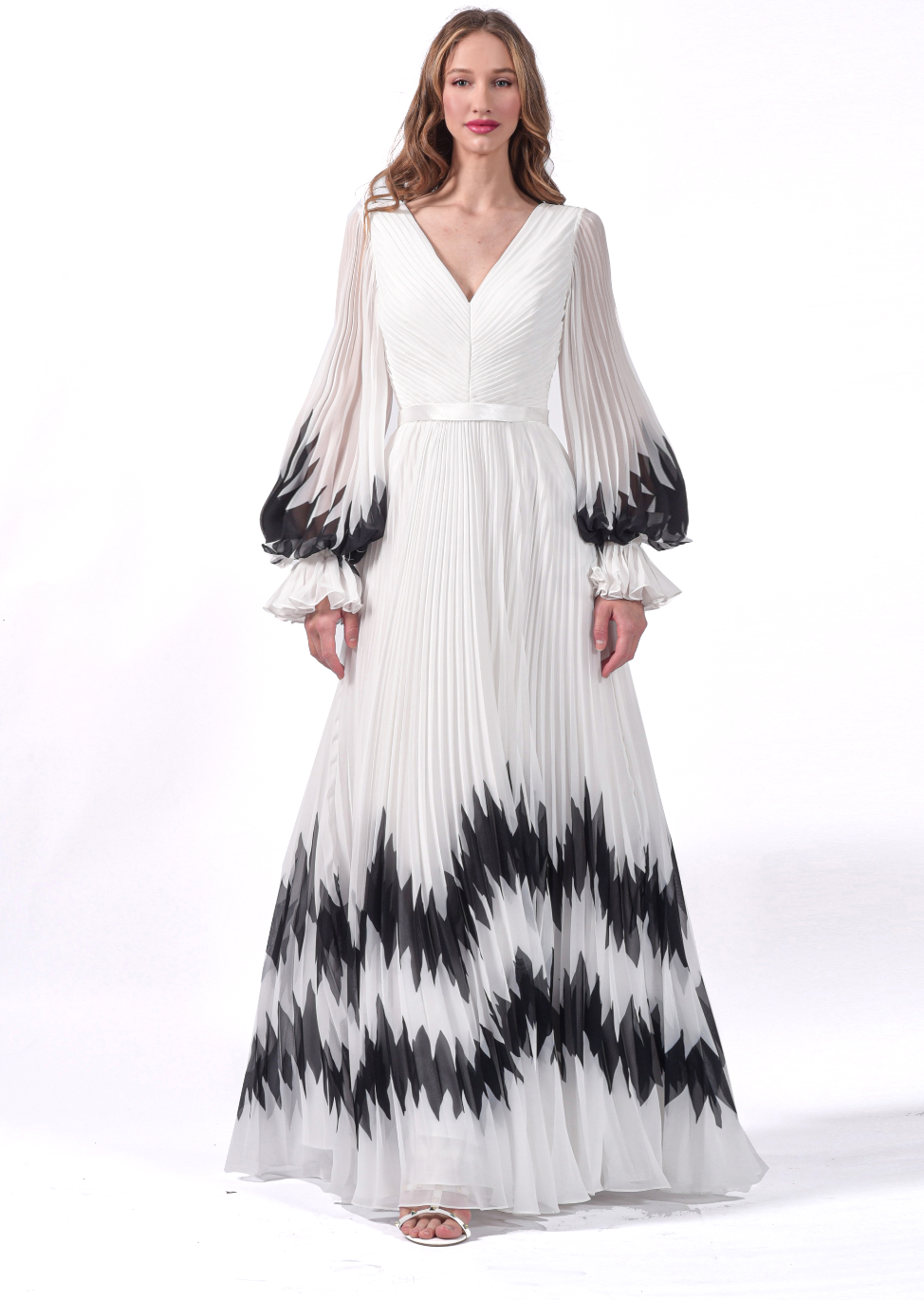 Robe longue plissée bicolore. - Référence : B3388