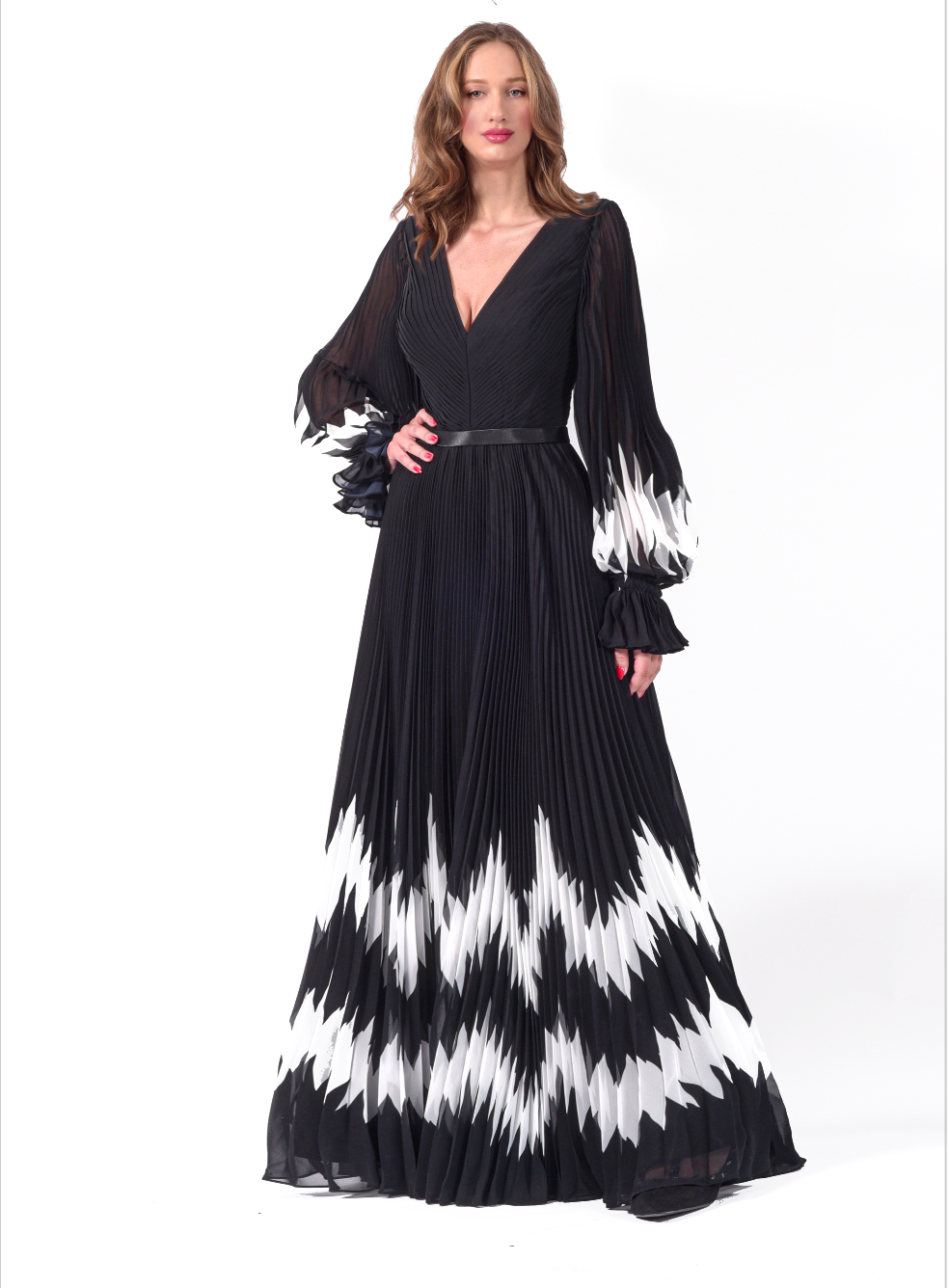 Robe longue plissée bicolore. - Référence : B3388