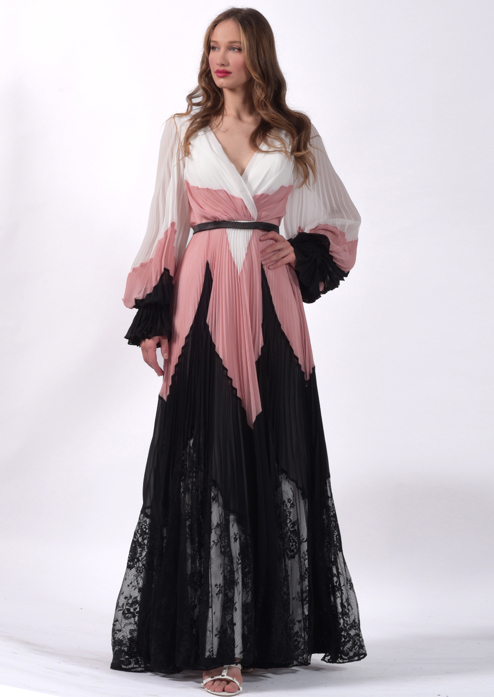 Robe longue plissée tricolore - Référence : B3429