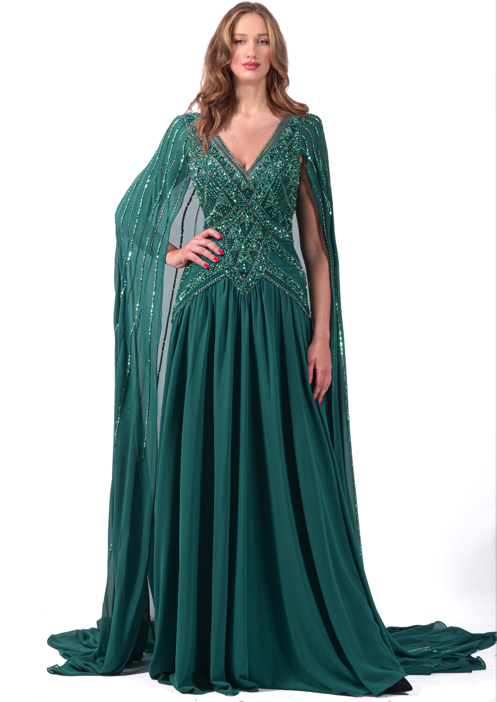 Robe cape longue en mousseline et bustier perlé et ornée de strass - Référence : B1026