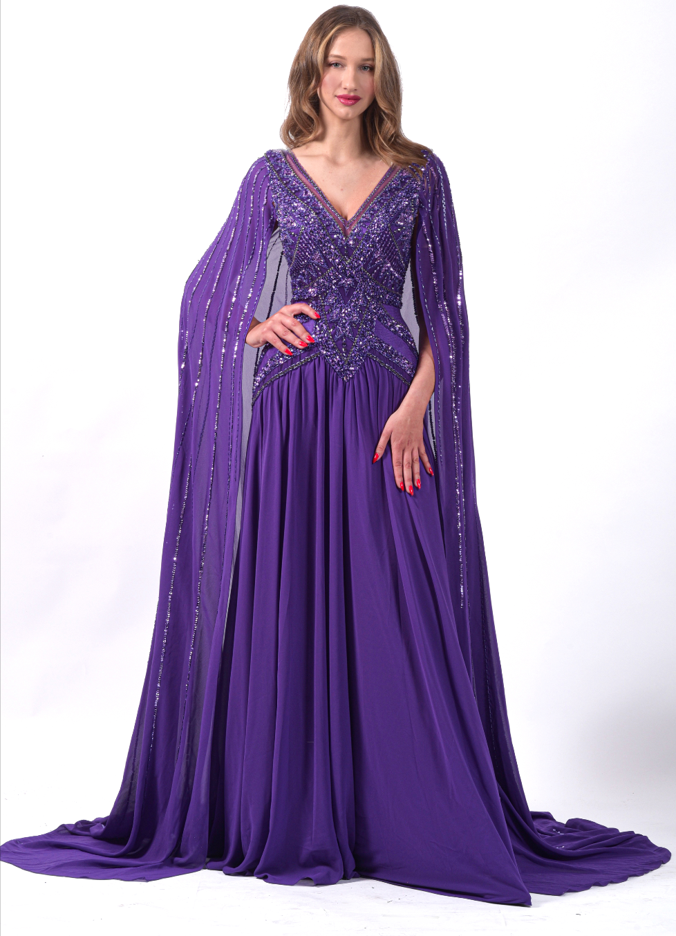 Robe cape longue en mousseline et bustier perlé et ornée de strass - Référence : B1026