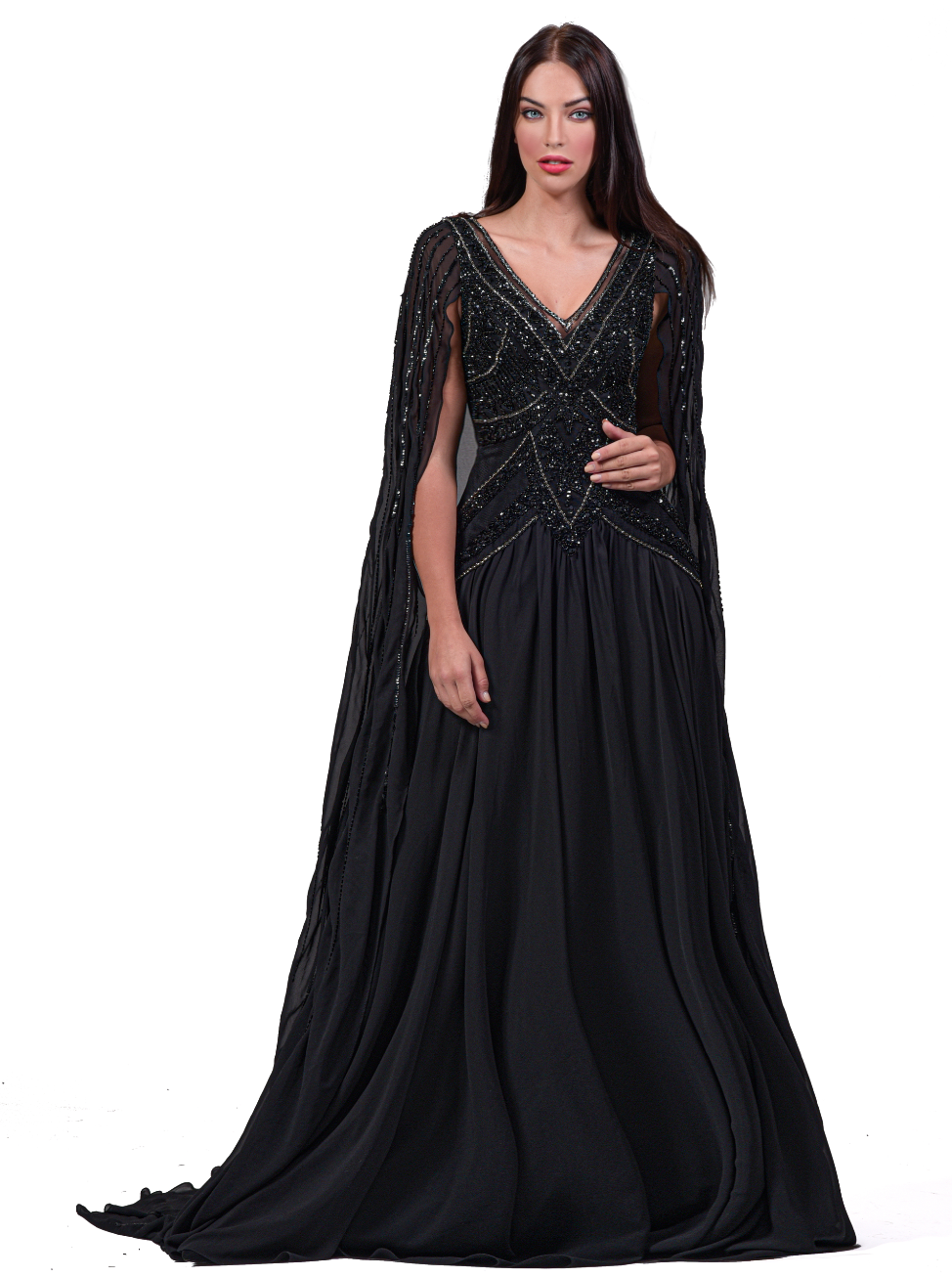 Robe cape longue en mousseline et bustier perlé et ornée de strass - Référence : B1026
