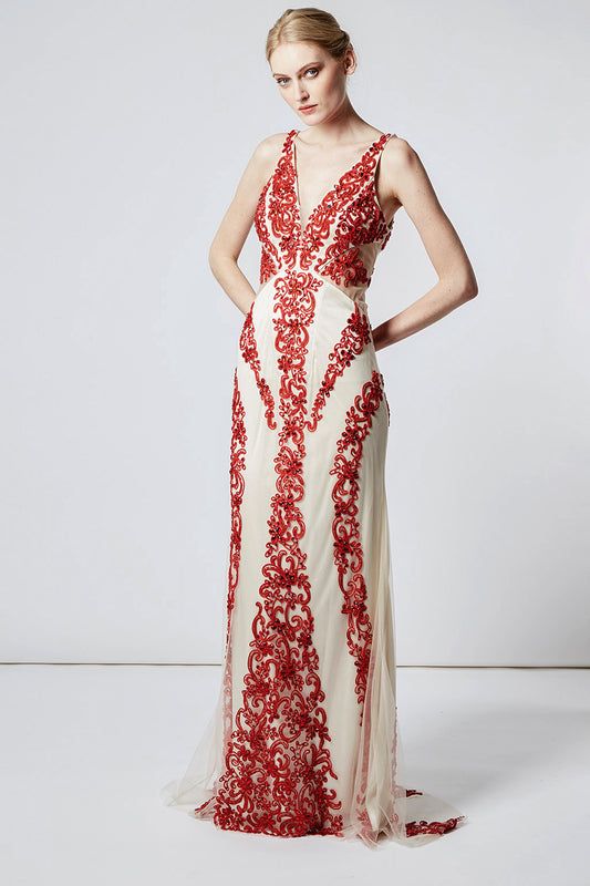 Robe longue appliquée avec strass, forme moulante - Référence : 891