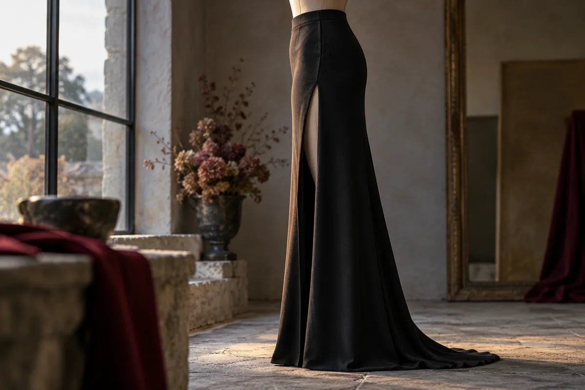 Jupe longue en crêpe noir présentée de profil sur un mannequin de couture, fendue sur le côté presque jusqu&rsquo;à la hanche