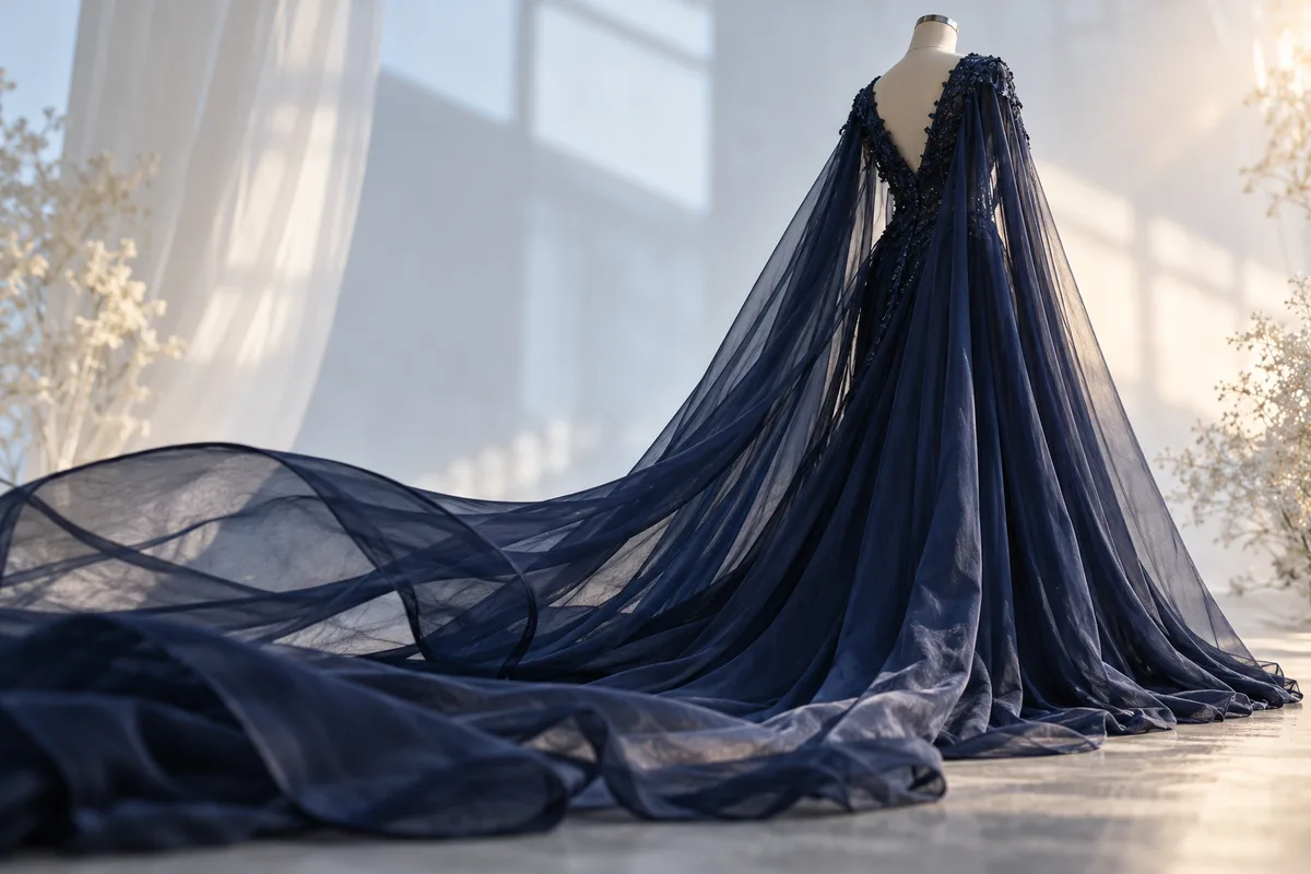 Robe cape bleu nuit présentée de dos sur un buste de couture, la cape en mousseline tombant des épaules jusqu&rsquo;au sol