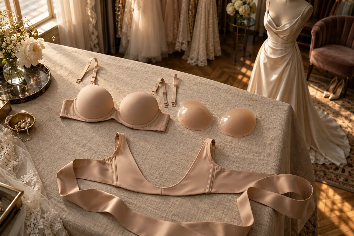 Lingerie technique couleur chair disposée à plat sur un drap de lin : soutien-gorge à bretelles amovibles, coques adhésives et soutien-gorge à attache basse