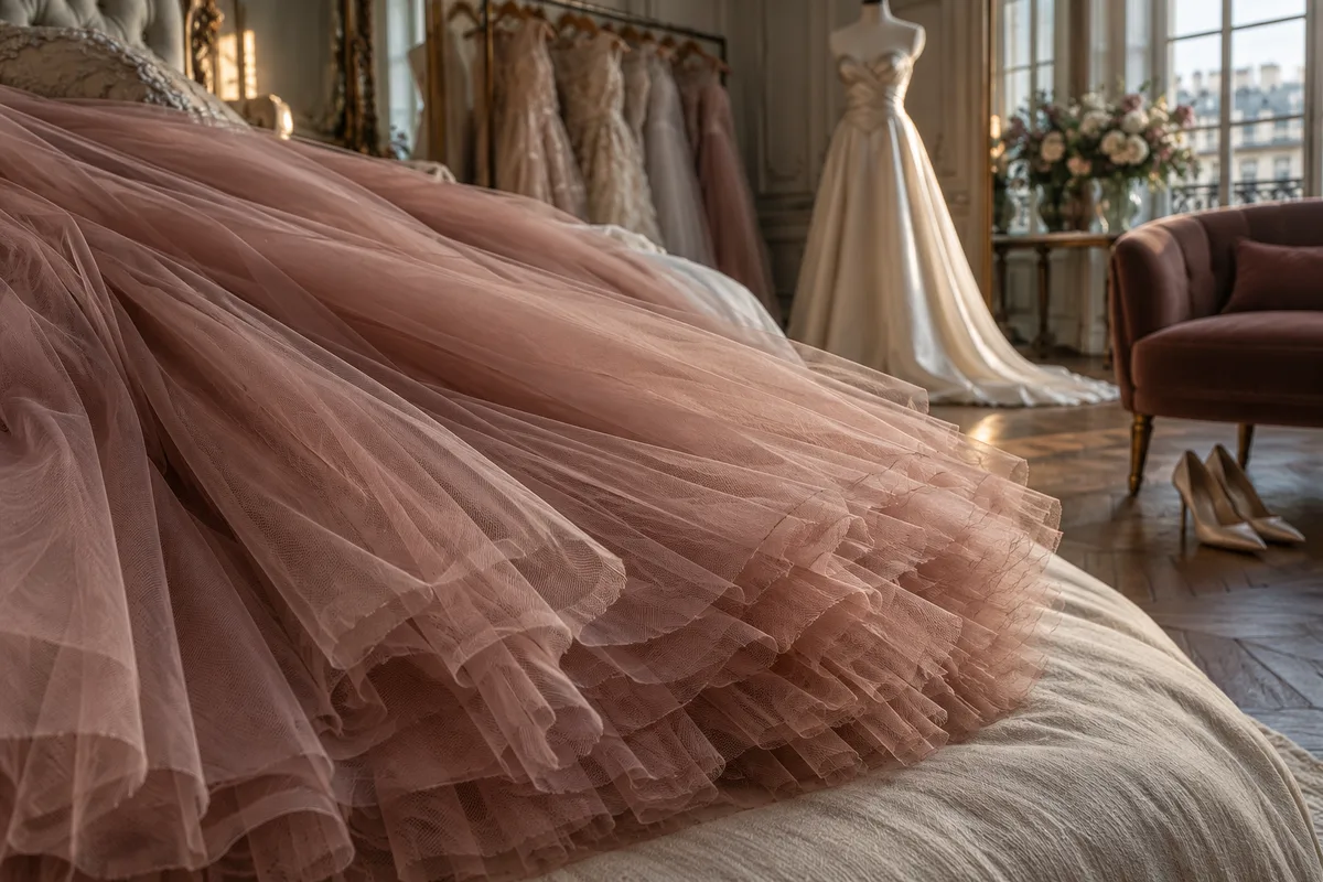 Jupe en tulle vieux rose à plusieurs couches étalée sur un lit, les épaisseurs superposées visibles au bord de l’ourlet