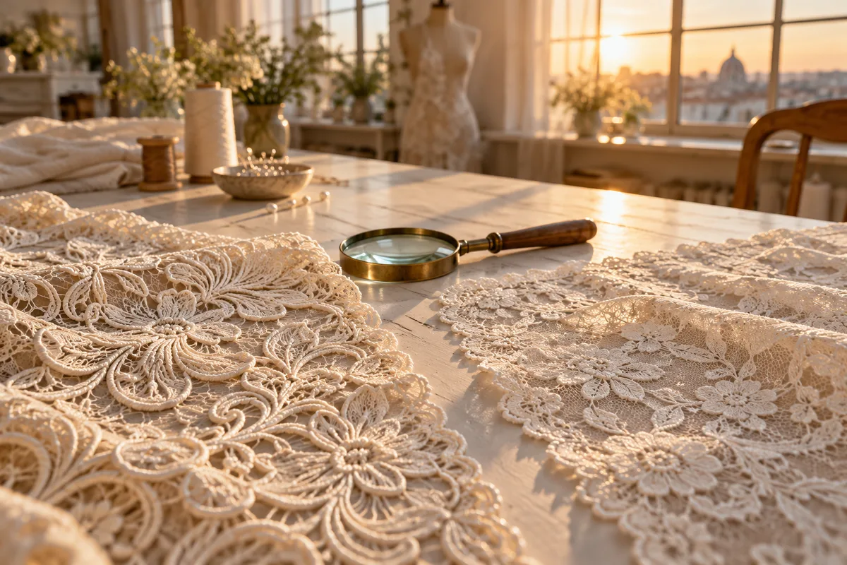 Deux échantillons de dentelle posés côte à côte sur une table, l&rsquo;un aux motifs en relief soulignés d&rsquo;un fil épais, l&rsquo;autre plus plat, avec une loupe de couturière