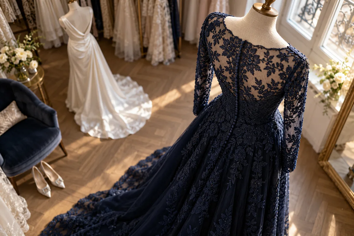 Robe longue en dentelle bleu nuit à manches longues présentée sur un buste de couture