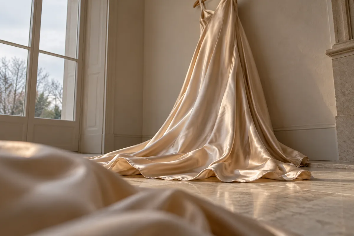 Robe longue en satin couleur champagne suspendue à un cintre, le tissu coupé en biais formant des ondulations souples à l&rsquo;ourlet
