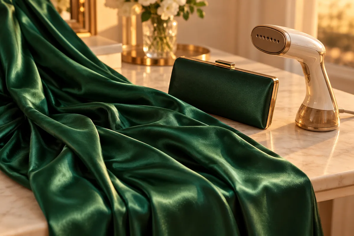 Pan de satin vert sapin posé sur une table, avec une pochette du soir et un défroisseur vapeur à côté