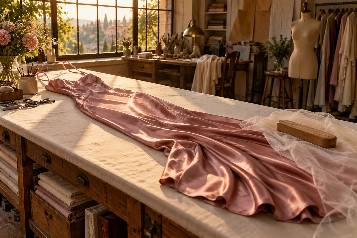 Robe longue en satin : coupe en biais, tombé et entretien d'une matière exigeante