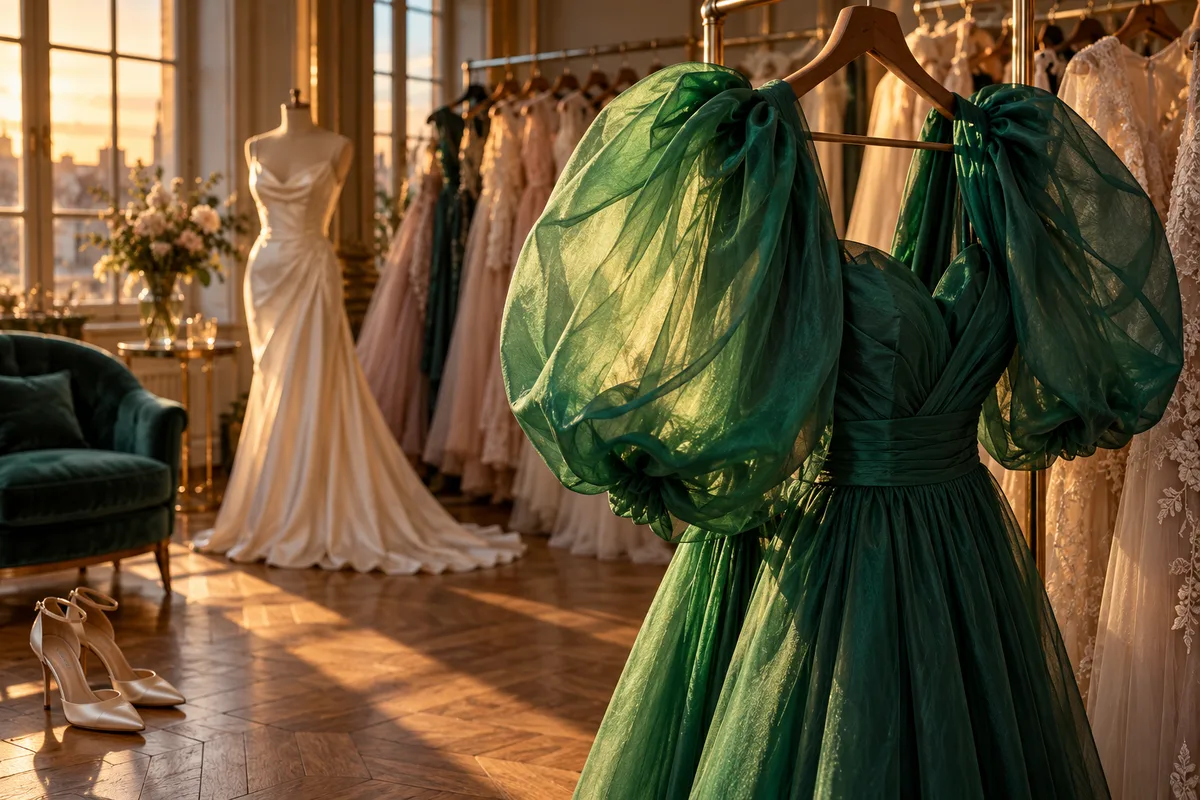 Robe du soir vert émeraude à manches ballon en organza suspendue à un portant, les manches gonflées éclairées par la lumière d&rsquo;une fenêtre