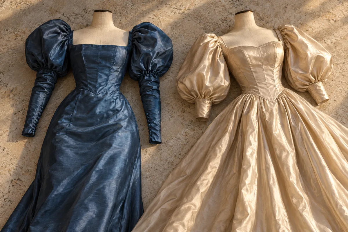 Deux robes du soir côte à côte sur des bustes de couture, l&rsquo;une à manches gigot et jupe droite, l&rsquo;autre à manches lanterne et jupe évasée