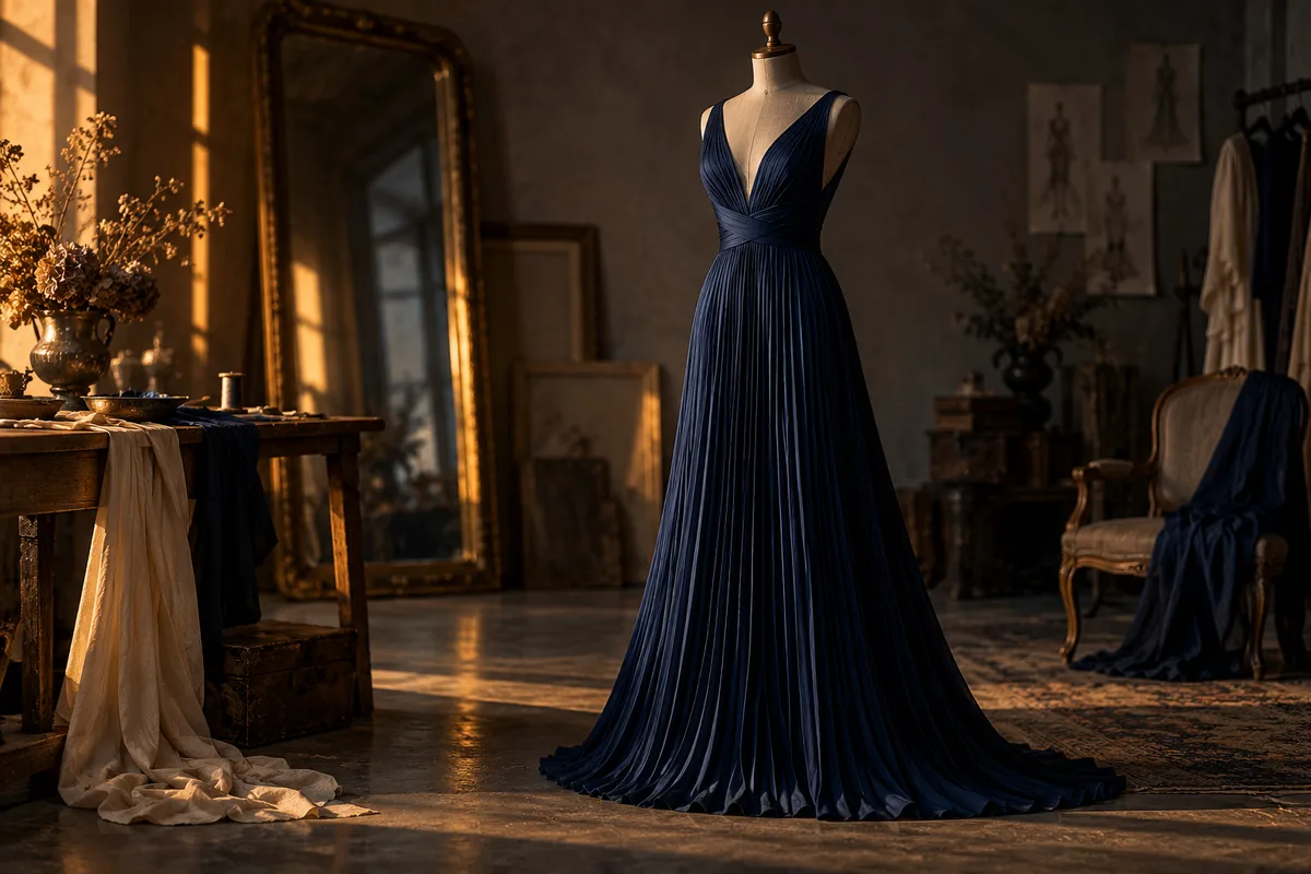 Robe plissée accordéon bleu nuit sur un mannequin de couture, les fines lignes verticales visibles de la taille à l&rsquo;ourlet