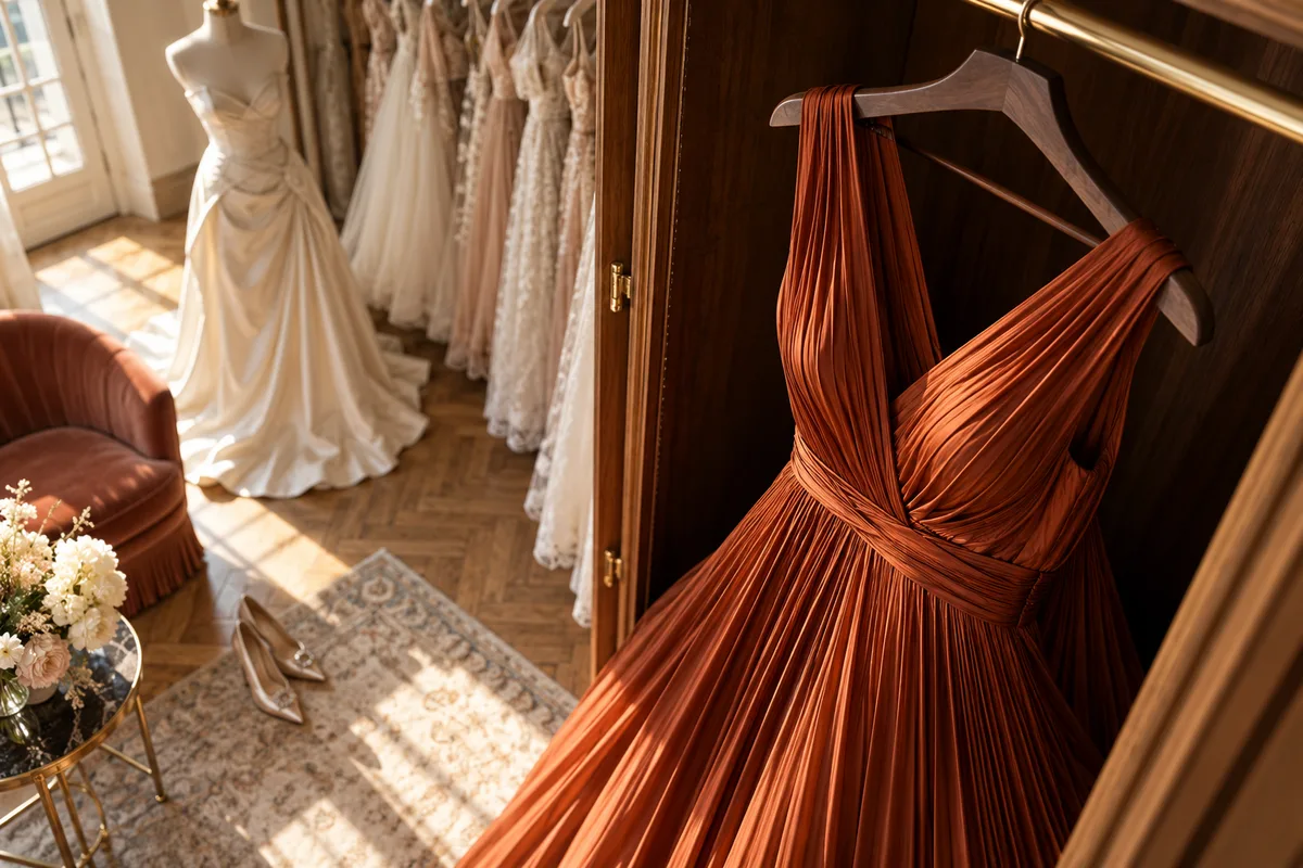 Robe plissée soleil couleur rouille suspendue à un cintre dans une penderie, les plis alignés et libres de tout frottement